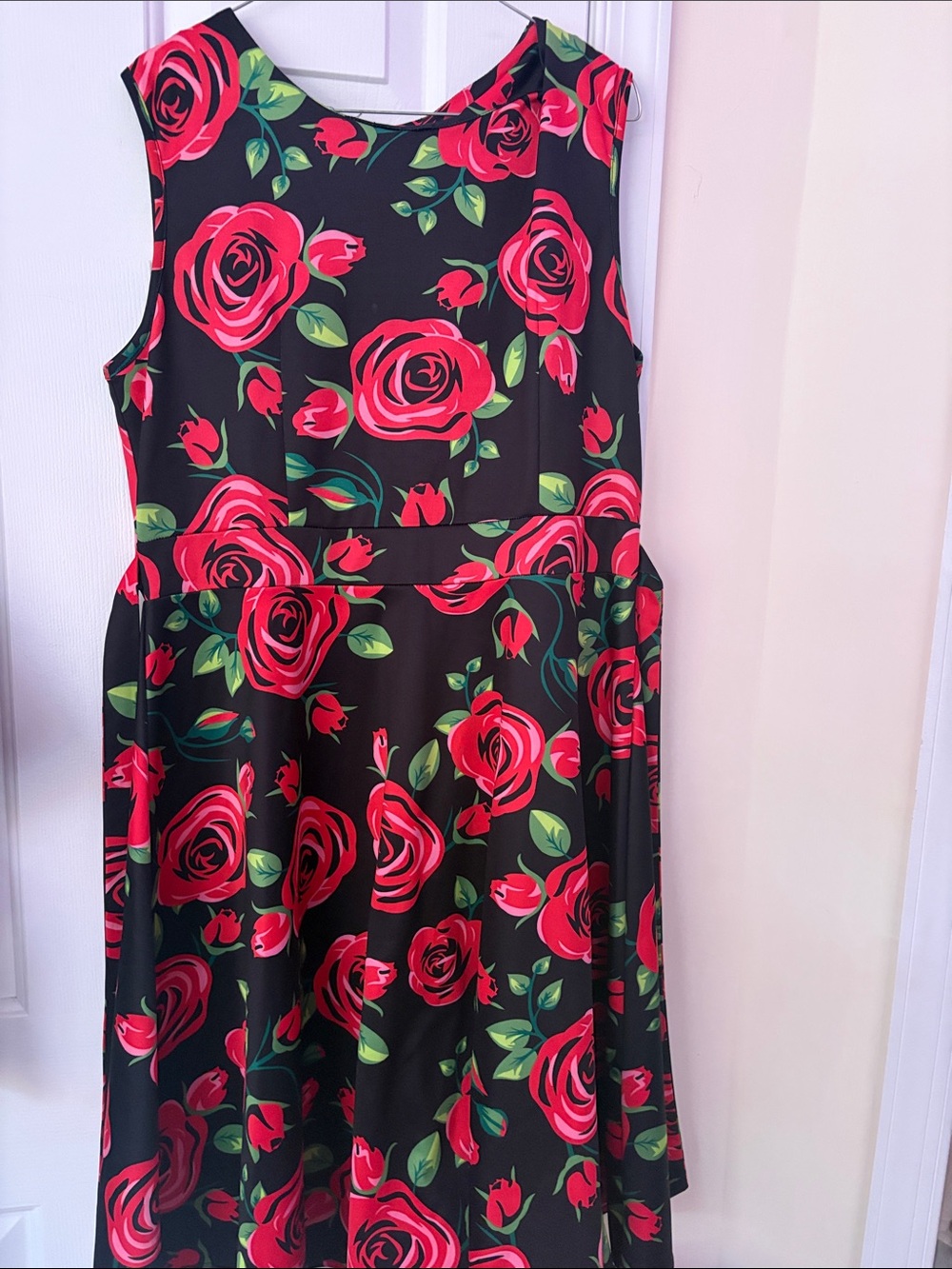 Women Black Dress with Red Rose Print